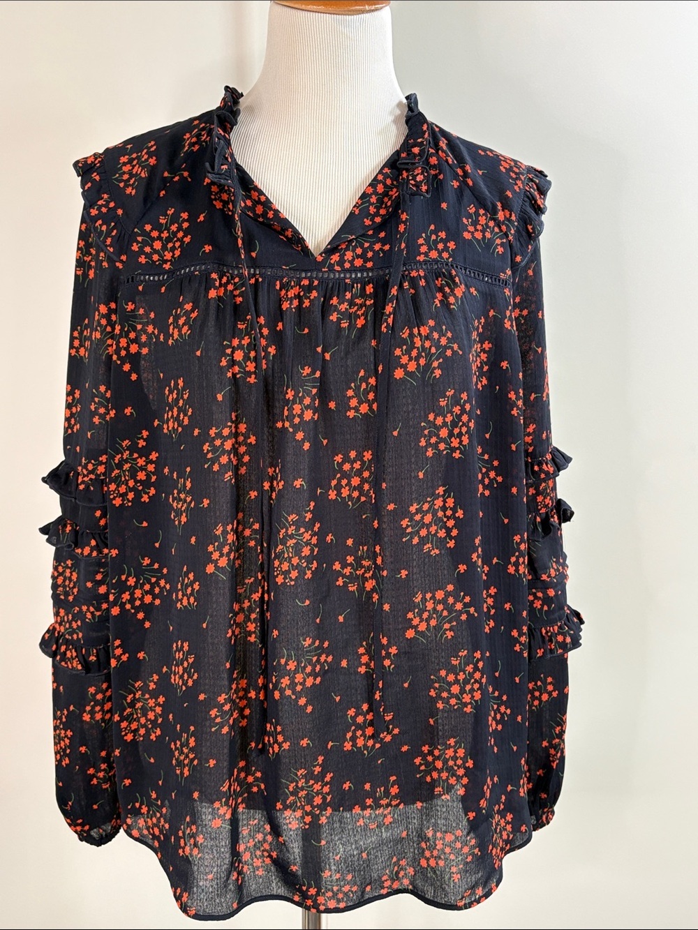 Ann Taylor Navy Blouse with Red Floral Print and Tie Neck, Ruffle Sleeves L